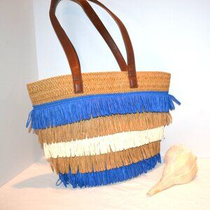 Summer Fun Boho Fringe Tiki Raffia Purse Sun & Sand Royal Blue